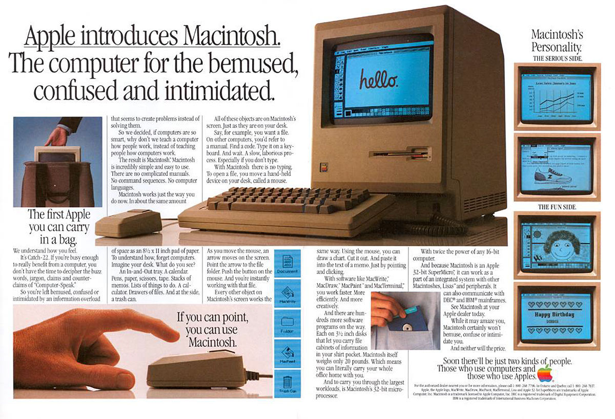 Primary Source: Advertisement
An ad for the first Macintosh emphasizing its user-friendly features, mouse, and graphical user interface featuring windows and icons.