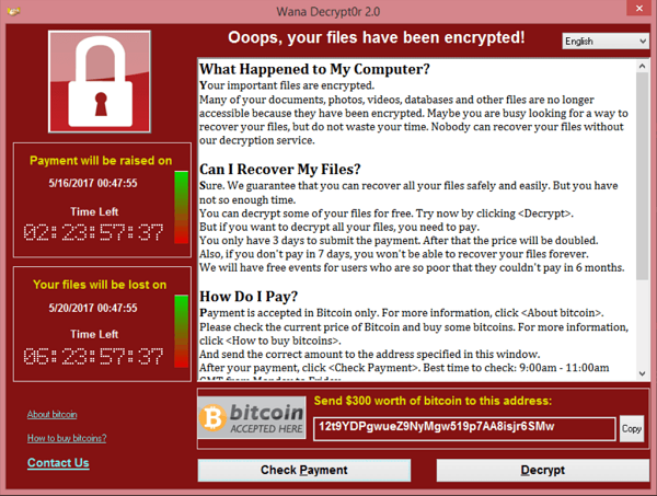 Primary Source: Screenshot
A screenshot of the WannaCry ransomware attack that spread through Microsoft Windows computers in 2017. The malicious app encrypting data until users paid a ransom in bitcoin.